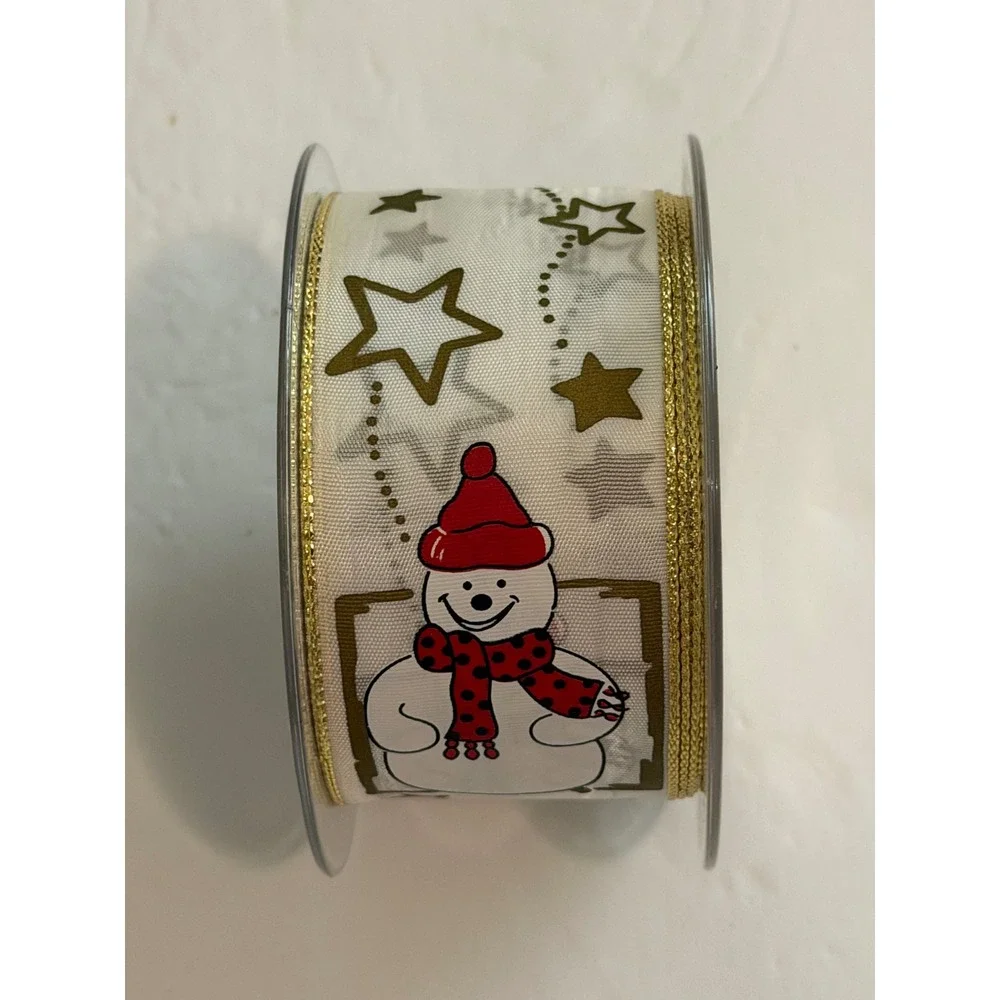 FOWOID Decoration Snowman Wired Christmas Ribbon Gold Metallic Edge Ivory 2.5in